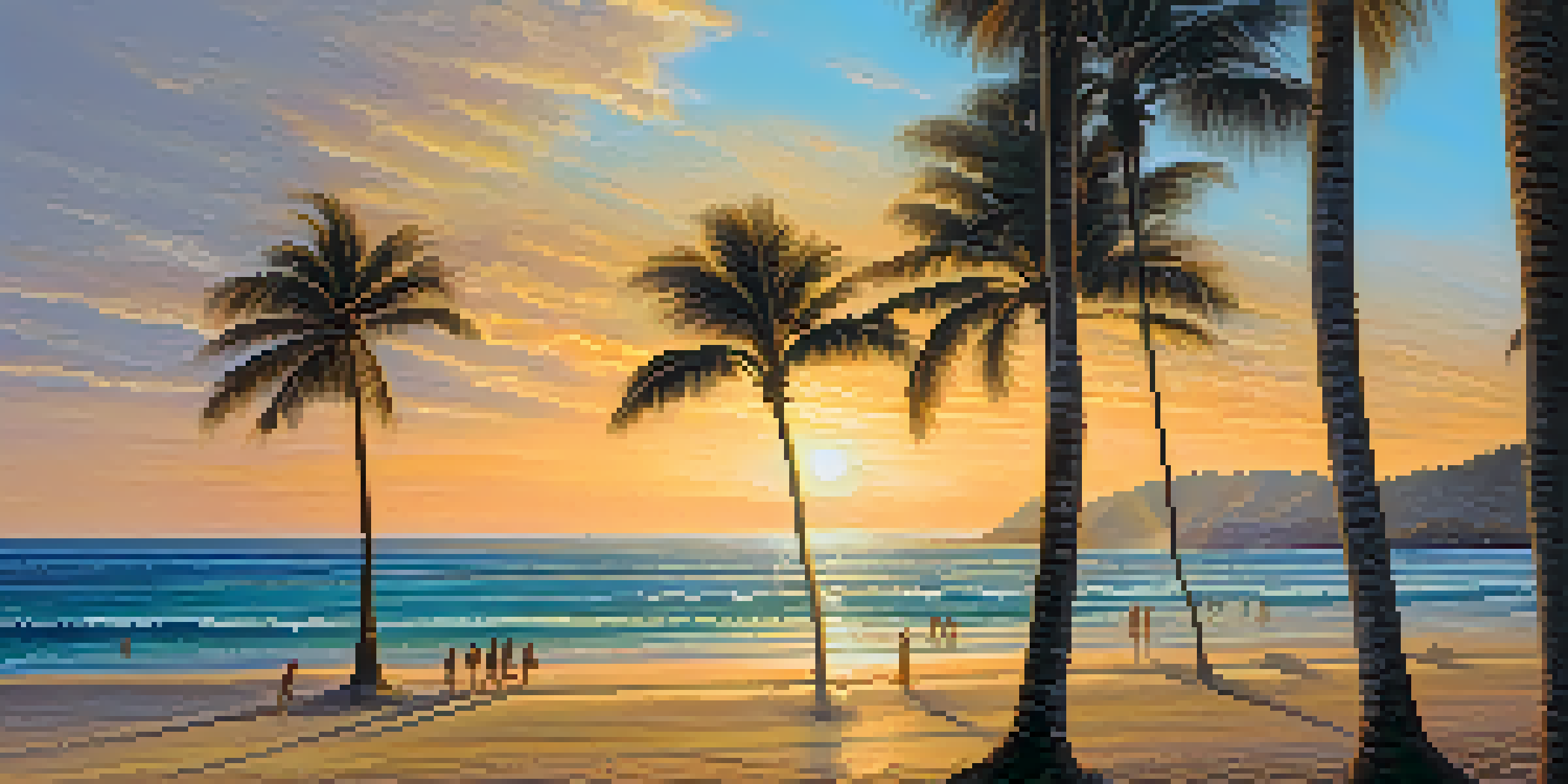 A picturesque beach in Honolulu at sunset, with golden sands, turquoise waters, and palm trees, creating a serene tropical atmosphere.