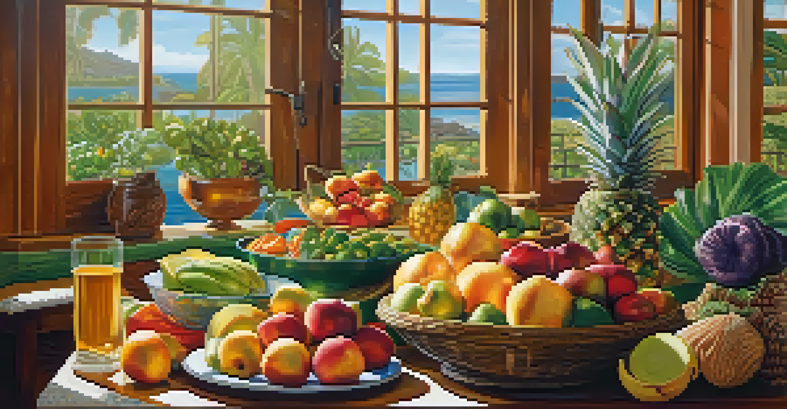 A warm kitchen filled with fresh fruits, vegetables, and seafood, showcasing a healthy lifestyle with sunlight illuminating the scene.