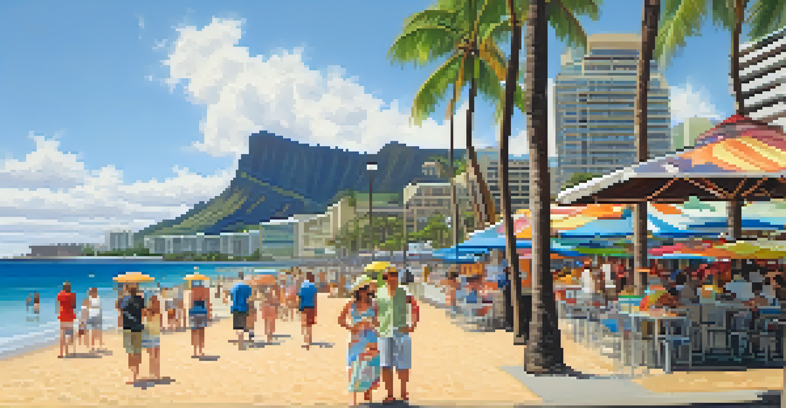 A picturesque beach walk with food stalls, offering Hawaiian BBQ and tropical drinks, set against a beautiful ocean backdrop.