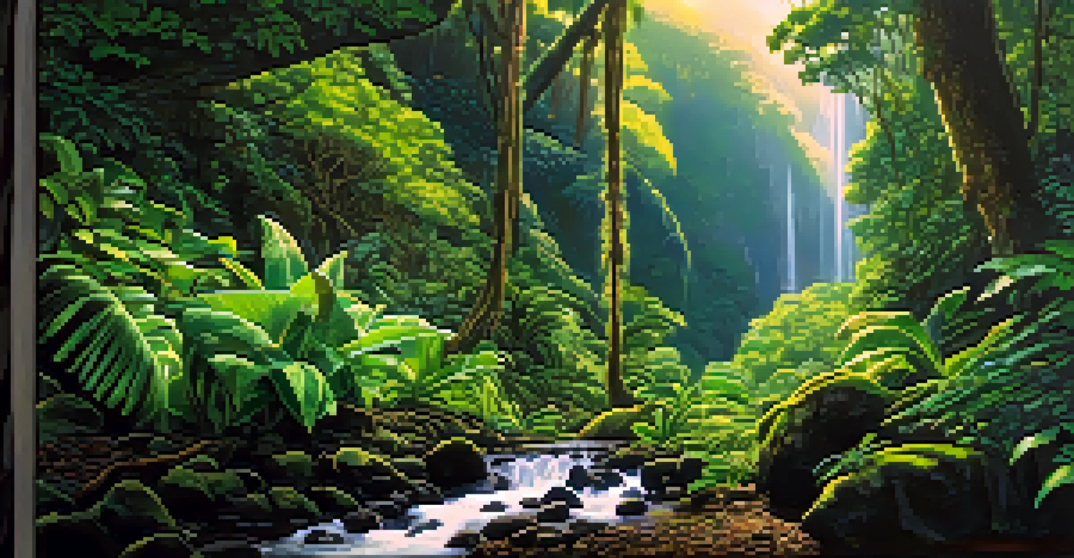 A vibrant rainforest in the Ko'olau Mountains with waterfalls and sunlight filtering through trees.
