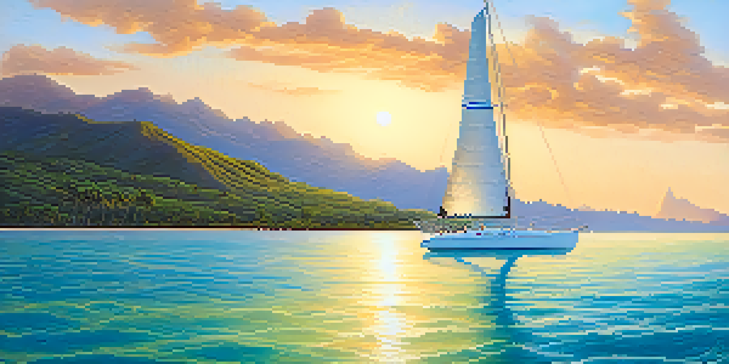 A peaceful sailing scene with a sailboat on blue waters, green mountains, and dolphins in the background during sunset.