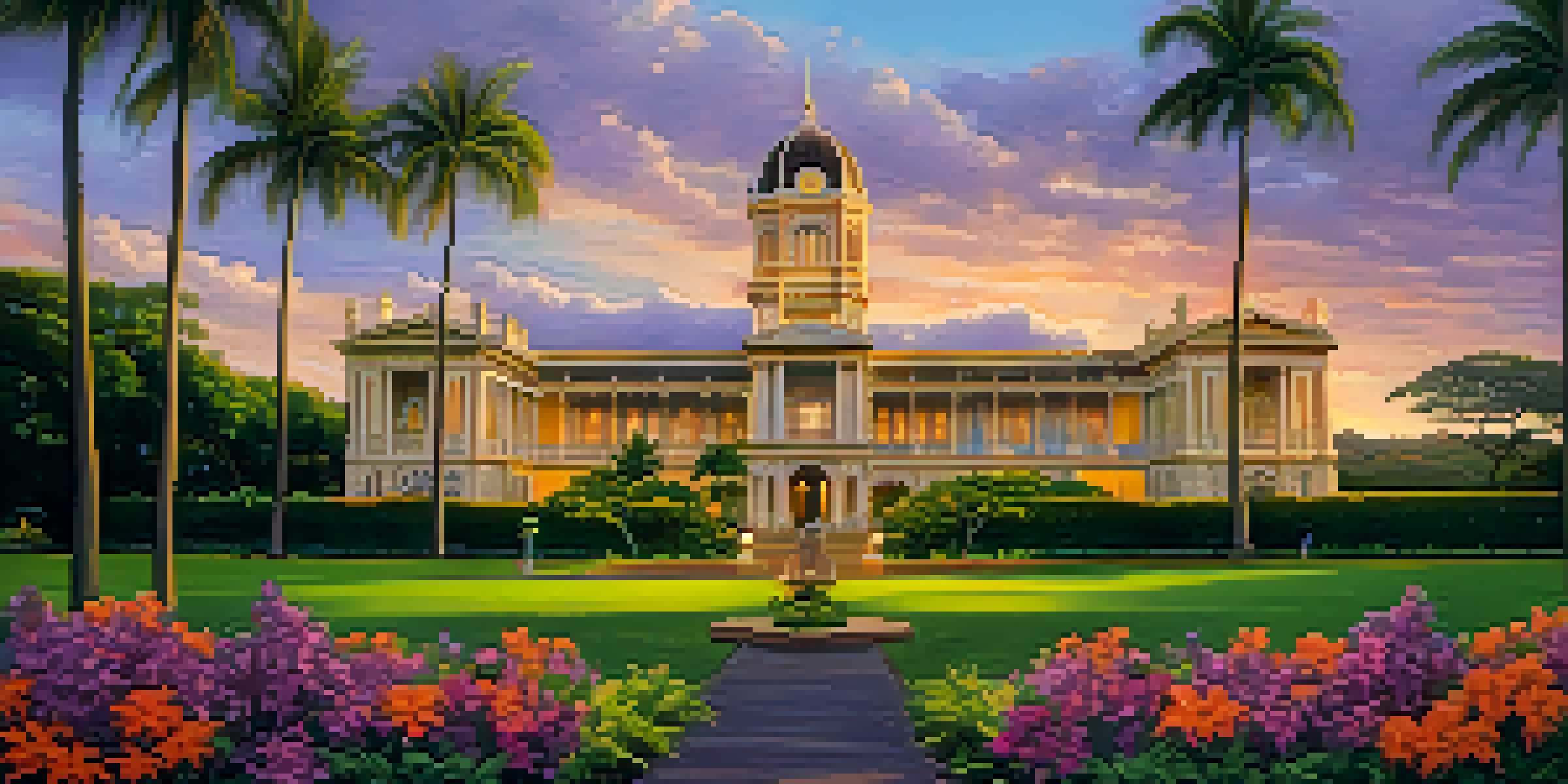 A view of Iolani Palace at sunset, showcasing its architecture and surrounding gardens with tropical flowers.