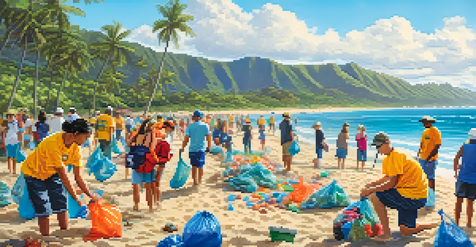 Volunteers participating in a beach cleanup in Honolulu, collecting plastic waste to protect the marine environment.