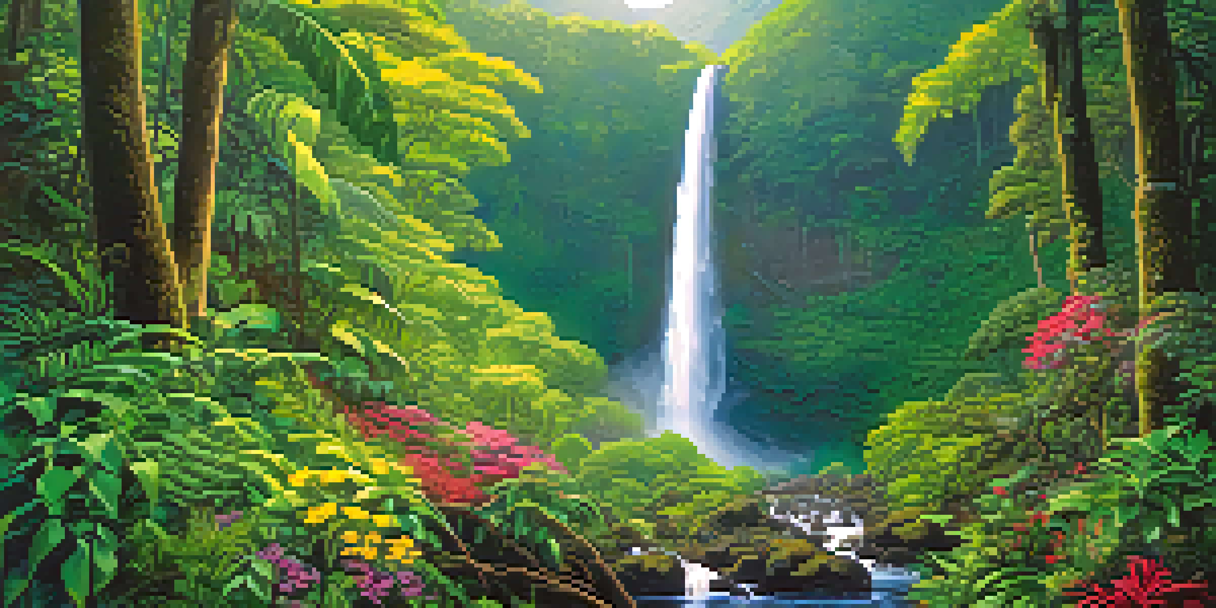 A scenic waterfall surrounded by lush rainforest, with sunlight filtering through the trees and mist rising from the cascading water.