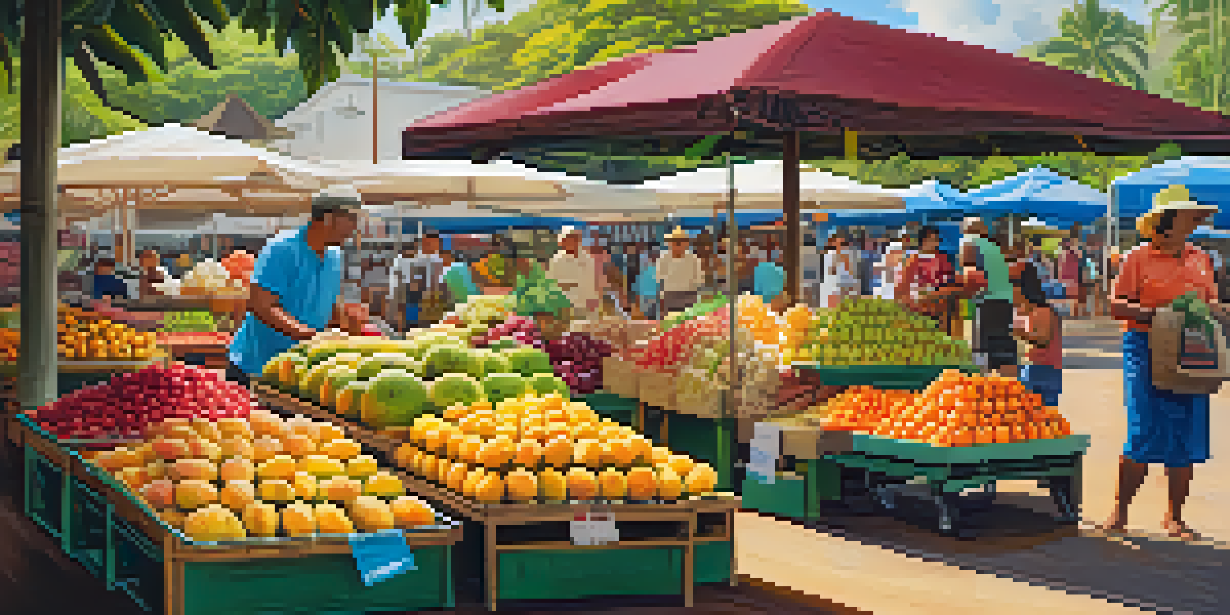A lively farmers' market in Hawaii filled with colorful tropical fruits and people enjoying the sunny day.