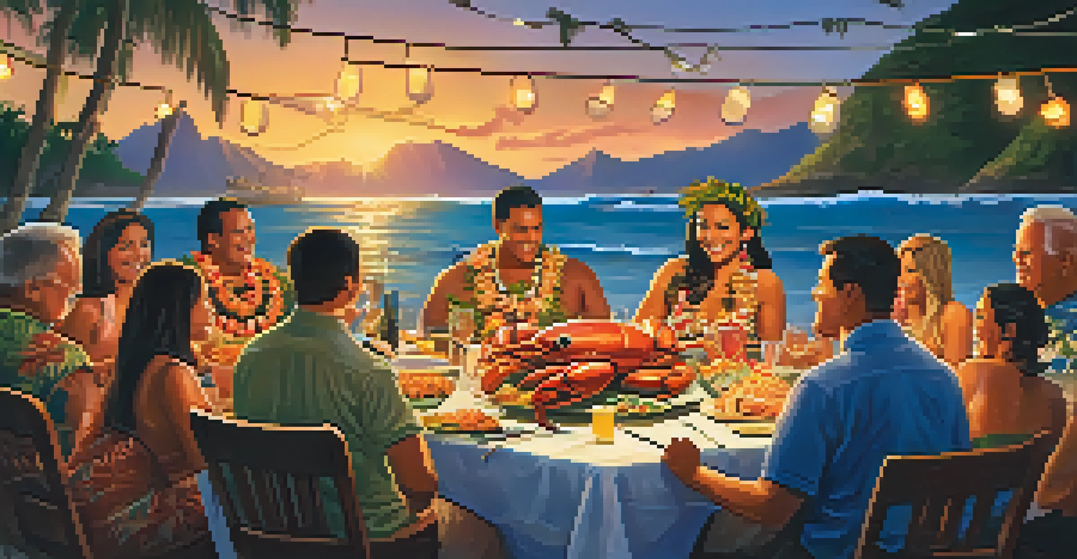 A lively Hawaiian luau with a table full of seafood dishes and people enjoying the celebration.
