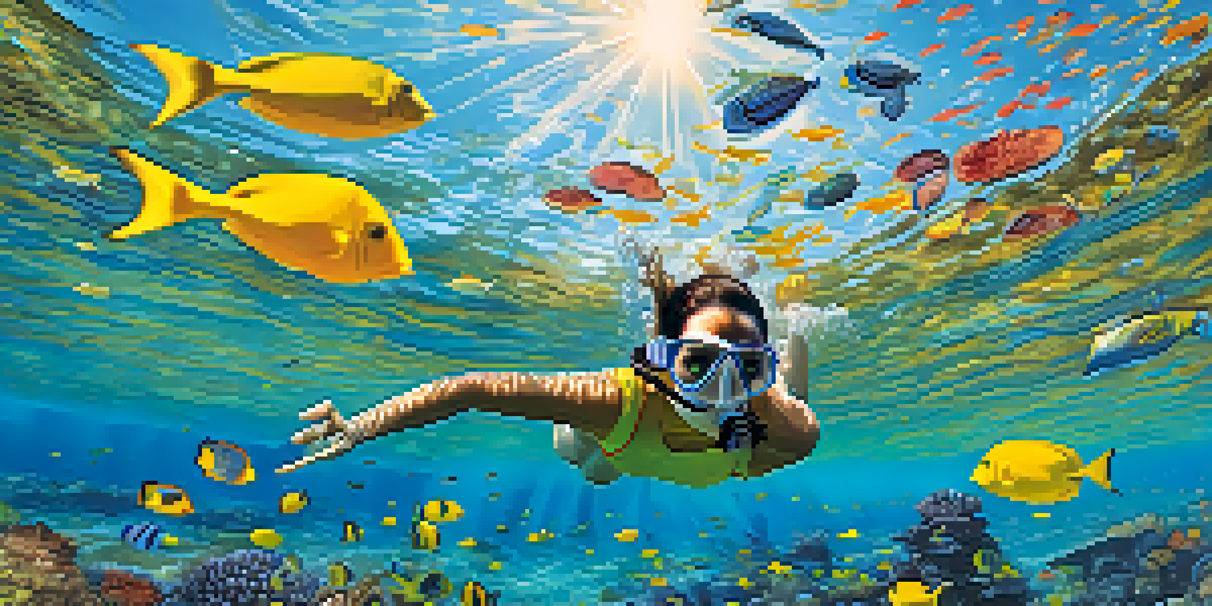 An underwater coral reef with colorful fish swimming around. A snorkeler in a yellow snorkel mask is exploring the vibrant marine life.