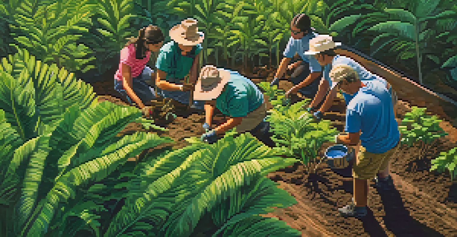 Aerial view of volunteers planting trees in a lush Hawaiian forest, surrounded by vibrant greenery.