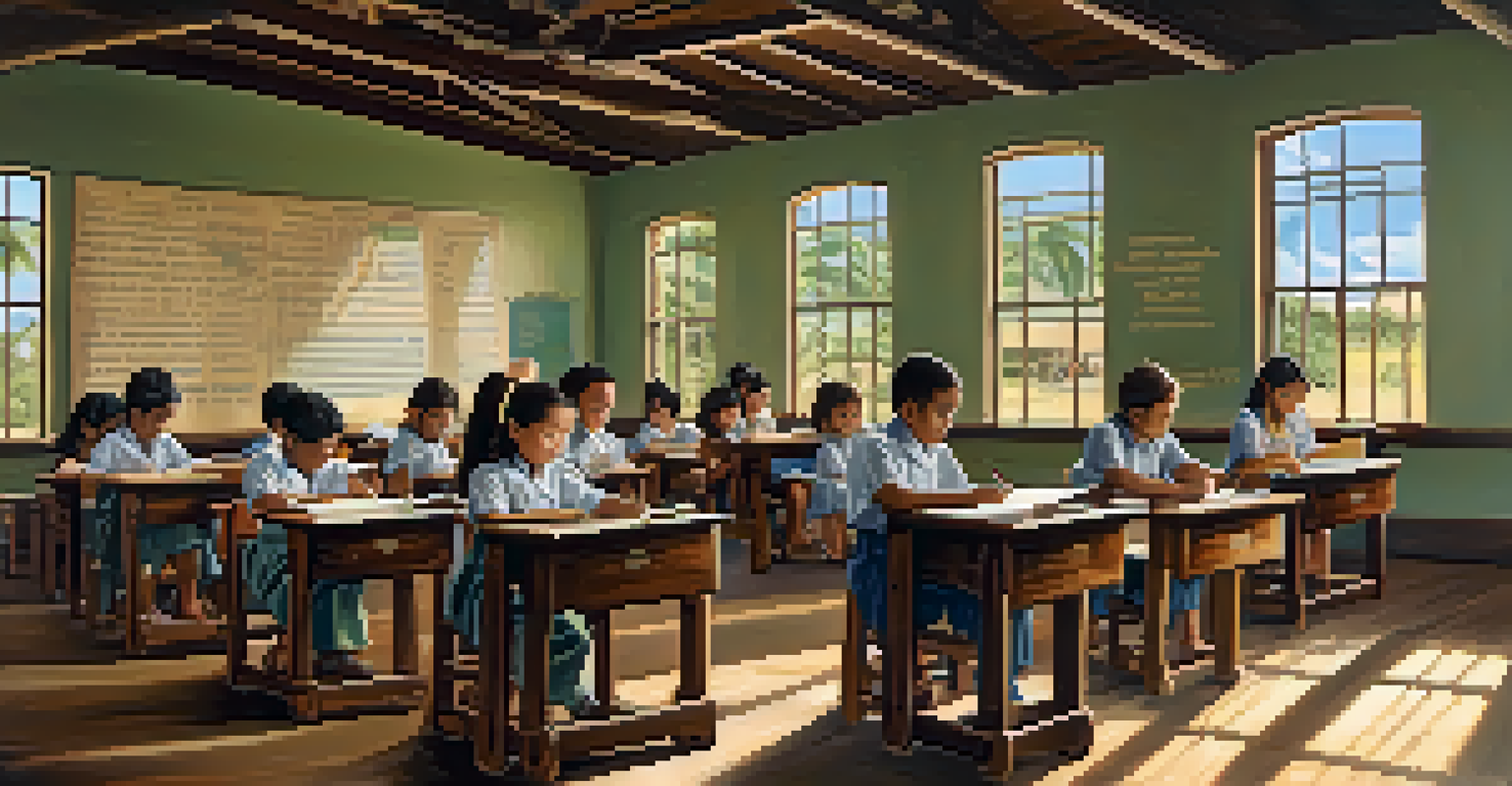A classroom scene from the 19th century in Hawaii, showing children learning together in a school established by missionaries.