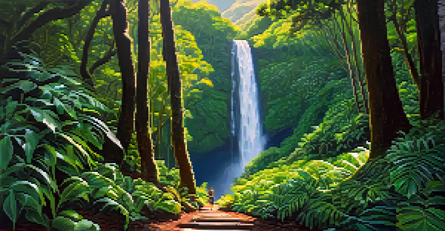 A scenic hiking trail to Manoa Falls with lush greenery and a waterfall in the background.