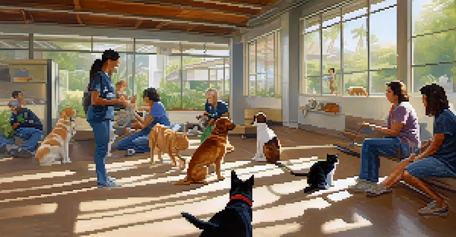 Volunteers caring for cats and dogs in a bright and welcoming animal shelter.