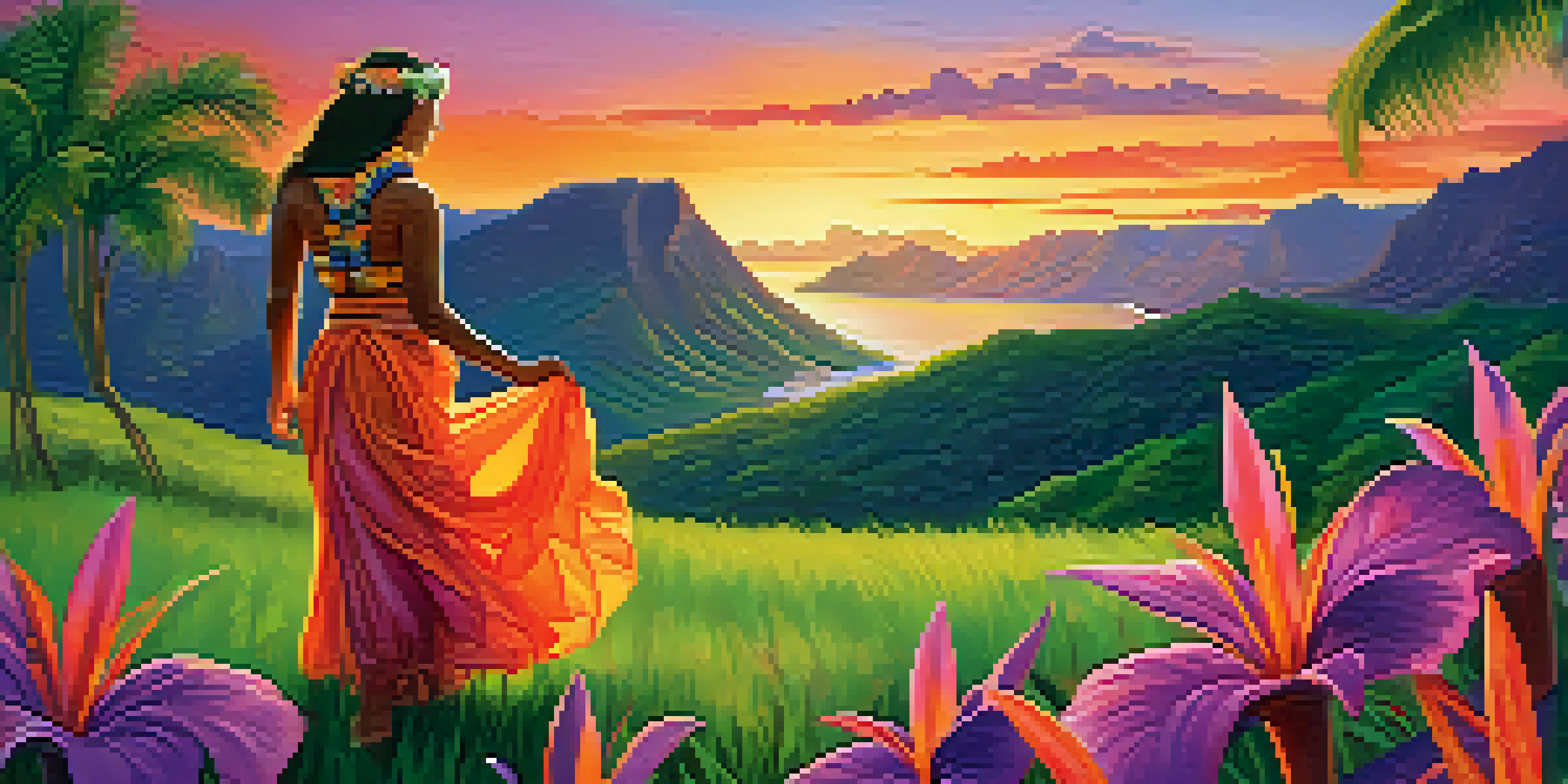 A hula dancer in a grassy skirt performing in front of green mountains under a vibrant sunset sky with tropical flowers around.