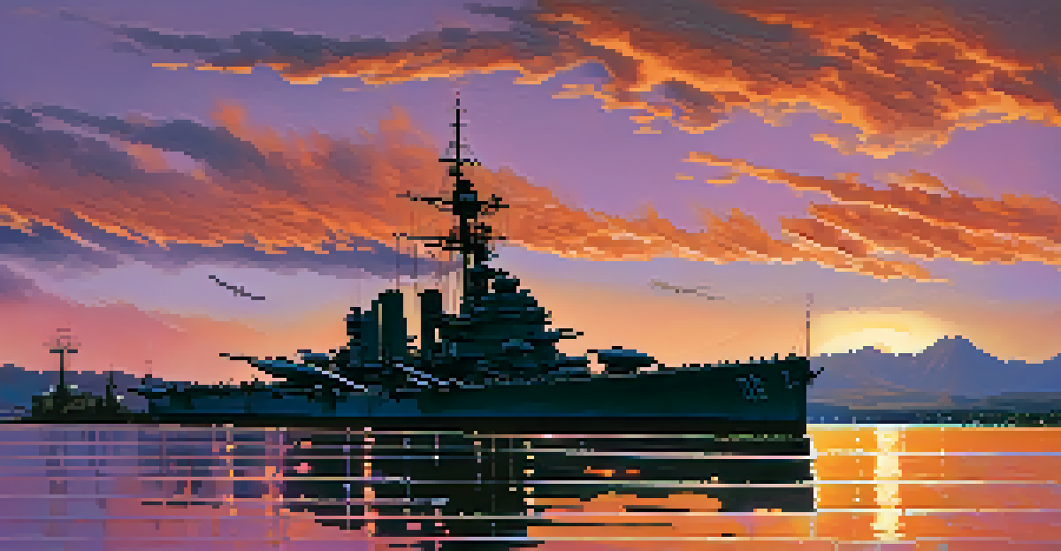 A stunning sunset over Pearl Harbor, featuring the silhouette of the Battleship Missouri against a colorful sky.