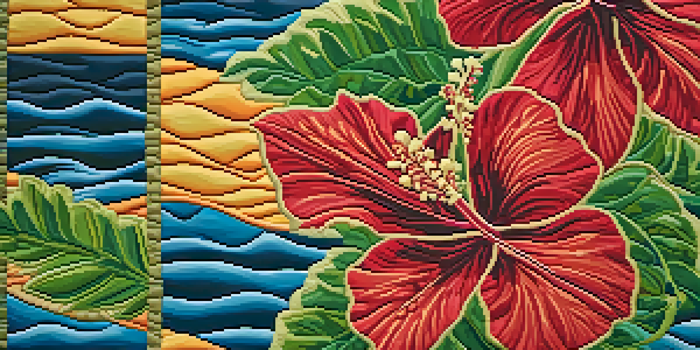 A detailed view of a colorful Hawaiian quilt showcasing hibiscus flowers and ocean wave patterns, displayed on a wooden surface with natural lighting enhancing its textures.