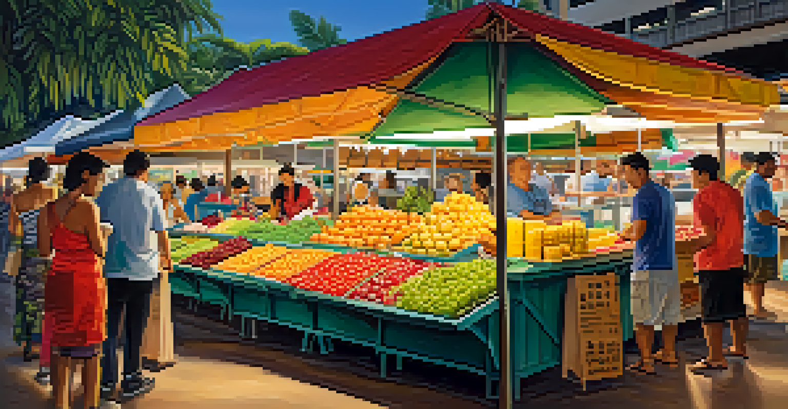 A vibrant local market in Honolulu showcasing fresh fruits and traditional Hawaiian dishes, with people interacting and enjoying the culinary offerings.