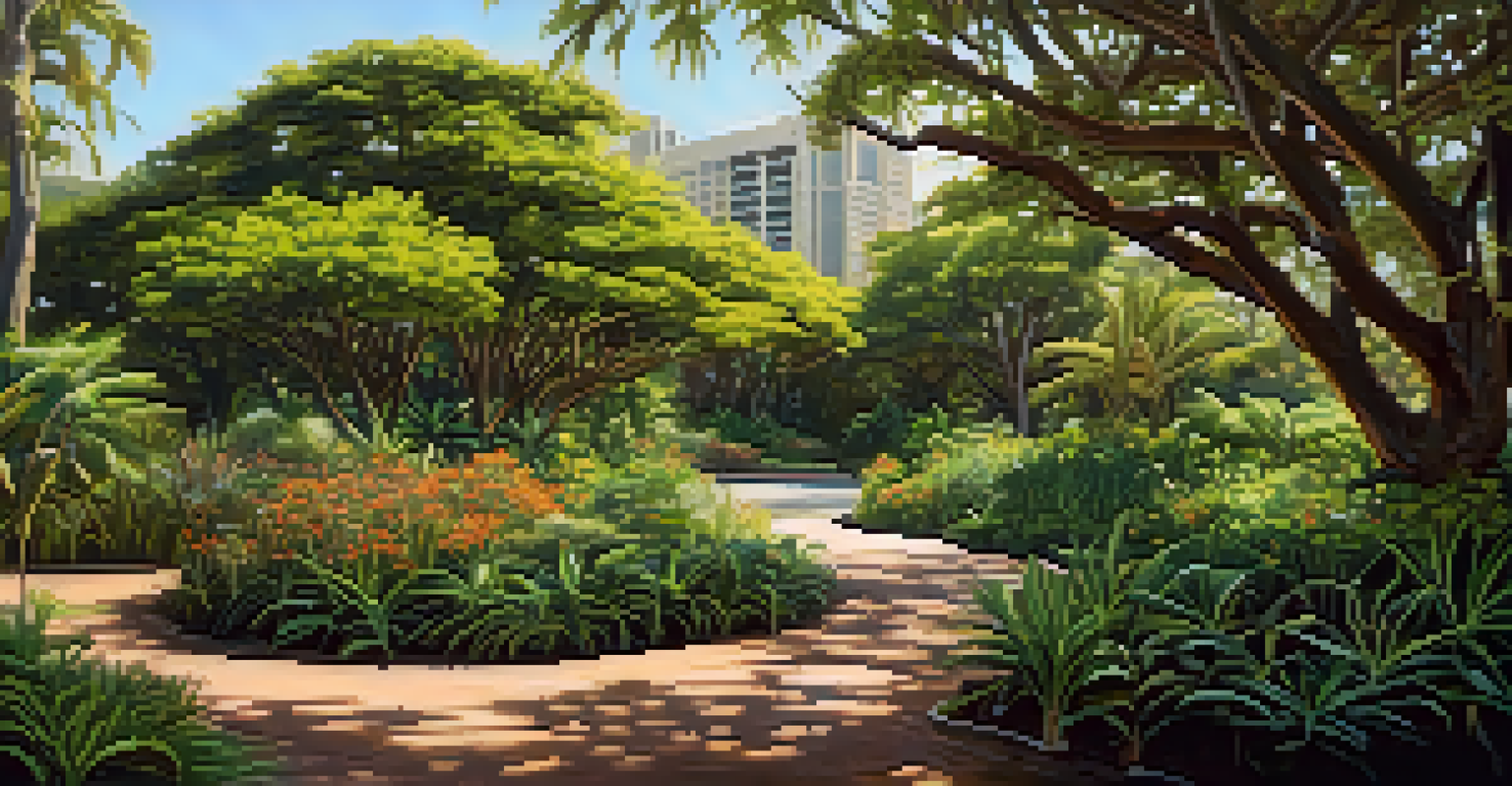 An urban park in Honolulu filled with diverse native plants, birds, and soft morning light creating a peaceful setting.
