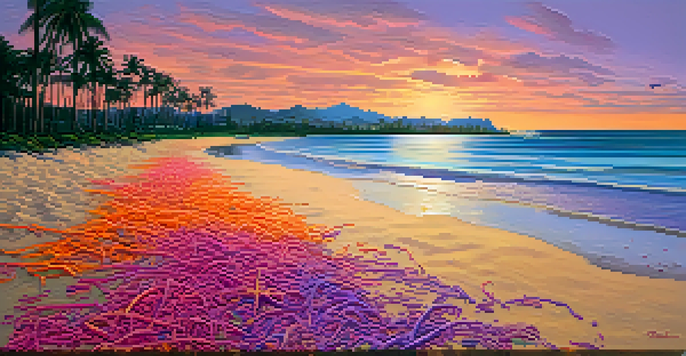 A beautiful sunset over Honolulu's beach, with plastic debris on the sand highlighting the issue of pollution.