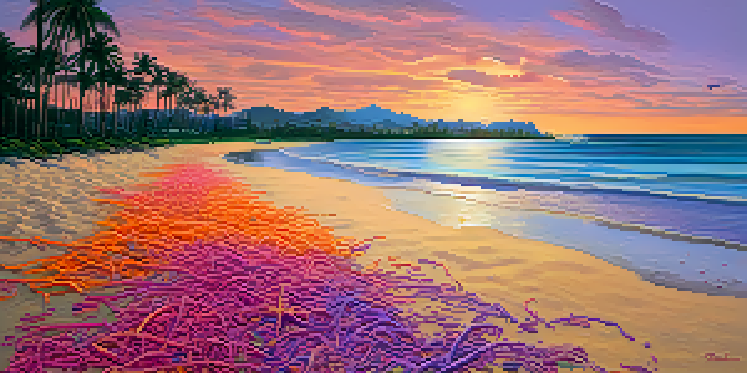 A beautiful sunset over Honolulu's beach, with plastic debris on the sand highlighting the issue of pollution.