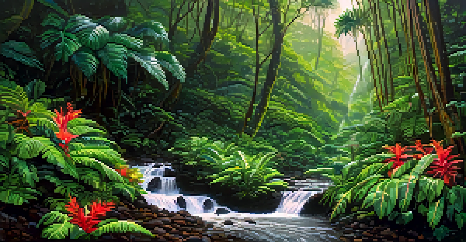 A lush hiking trail in Manoa Falls, surrounded by vibrant green foliage and tropical flowers, showcasing the beauty of nature after a rain shower.