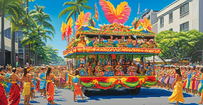 A colorful float in the Kamehameha Day Parade surrounded by hula dancers and spectators under a clear sky.