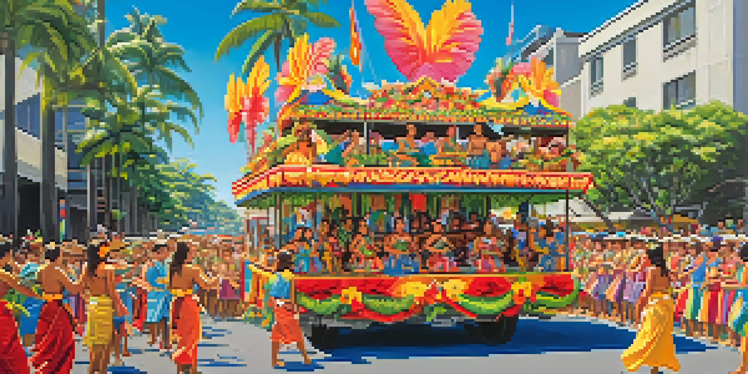 A colorful float in the Kamehameha Day Parade surrounded by hula dancers and spectators under a clear sky.