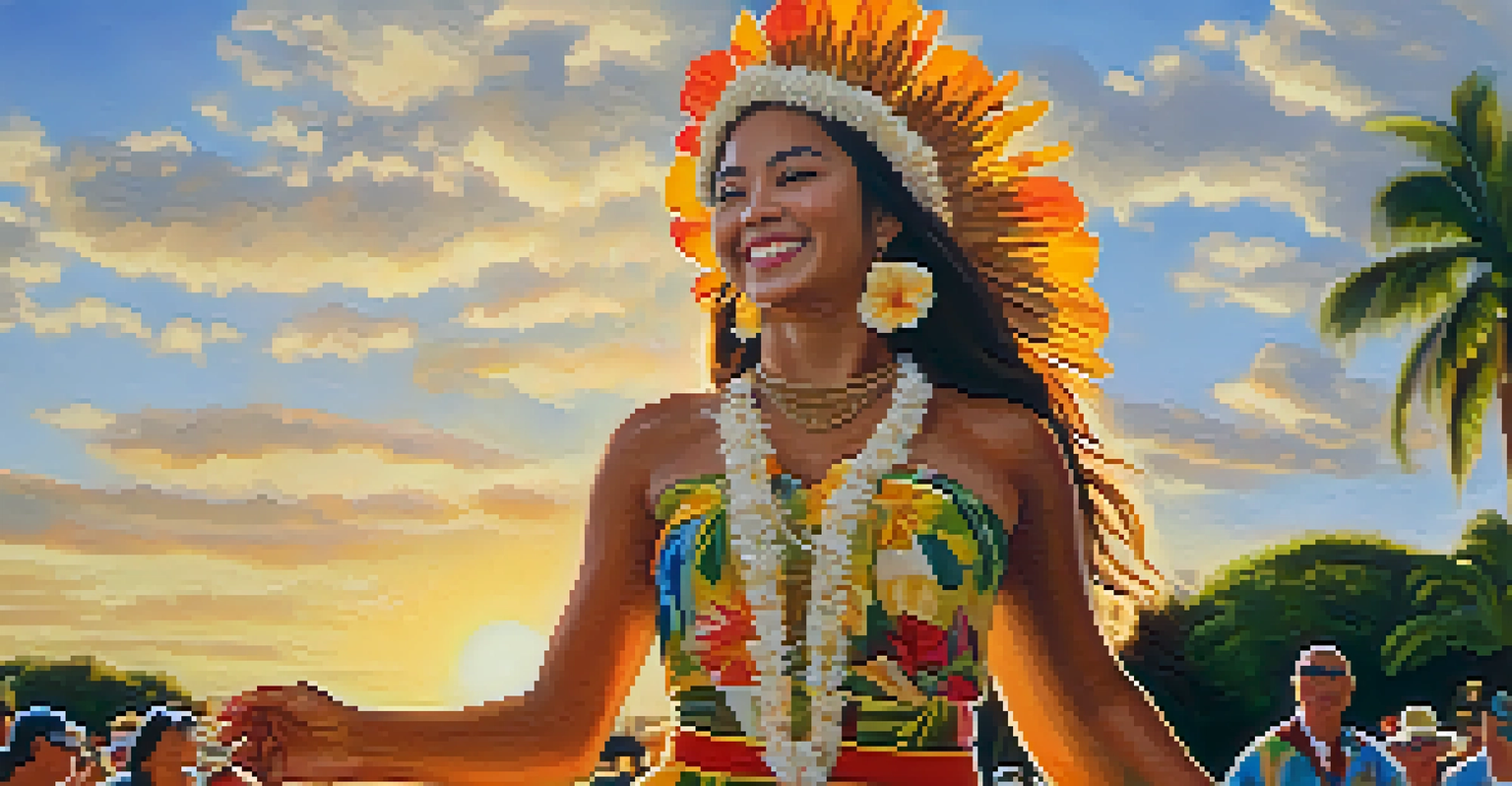 A hula dancer in traditional attire performing with a floral headdress during sunset at the Kamehameha Day Parade.