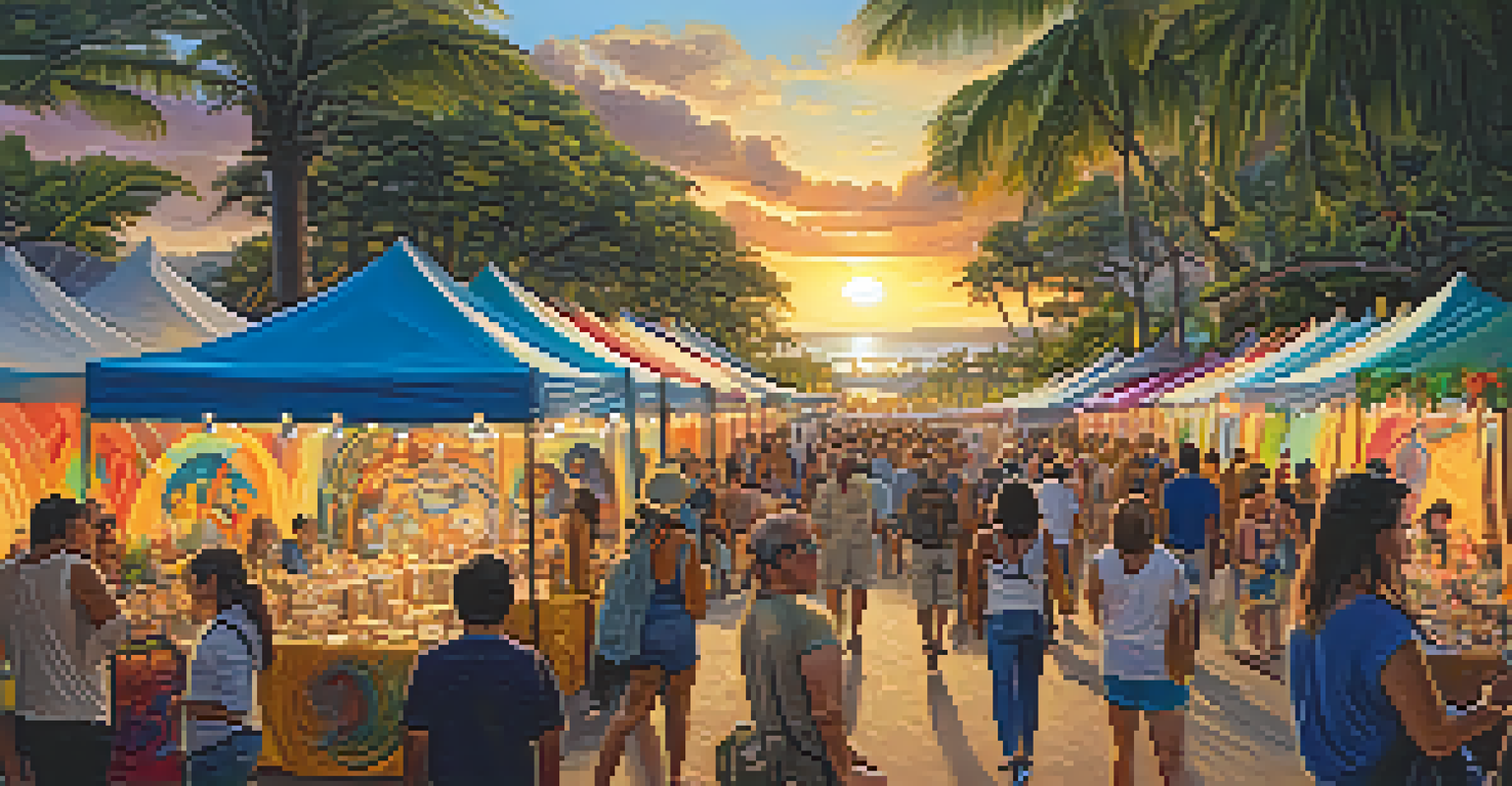 An outdoor art festival in Honolulu with artists, colorful tents, and a sunset backdrop.