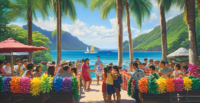 A lively celebration of Lei Day in Honolulu with people adorned in colorful leis, surrounded by tropical plants and hula dancers performing.