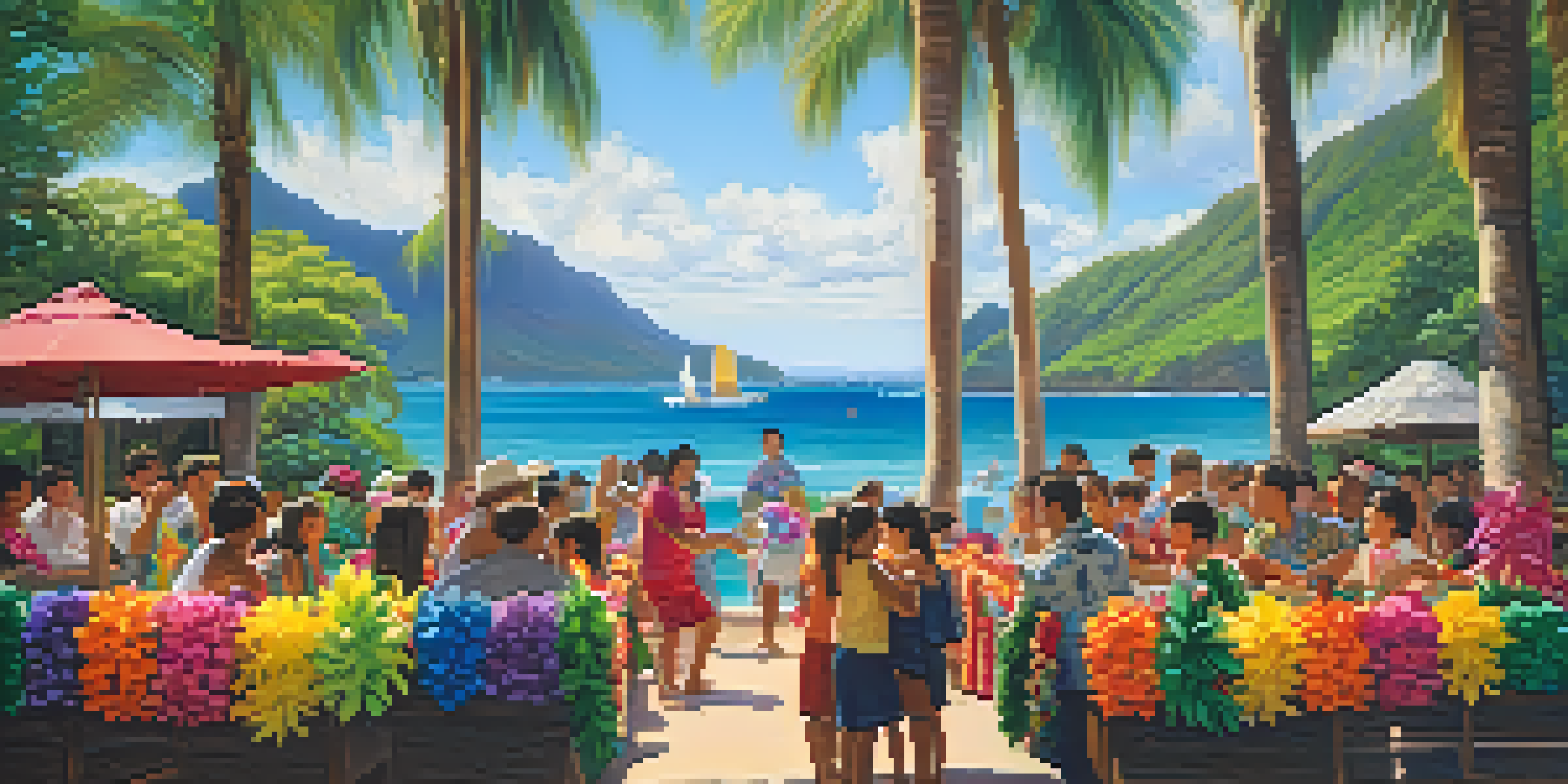 A lively celebration of Lei Day in Honolulu with people adorned in colorful leis, surrounded by tropical plants and hula dancers performing.