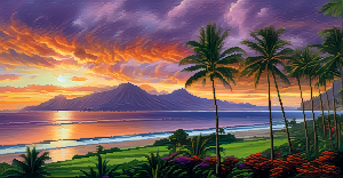 A scenic view of Honolulu's coastline at sunset, with colorful clouds, palm trees, and ocean waves.