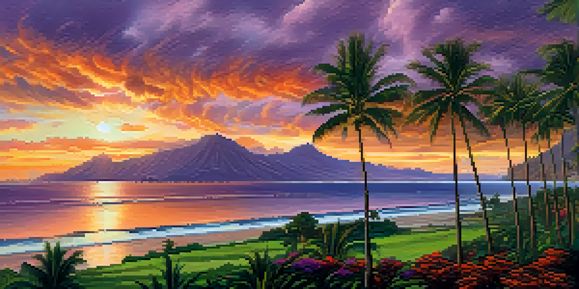 A scenic view of Honolulu's coastline at sunset, with colorful clouds, palm trees, and ocean waves.