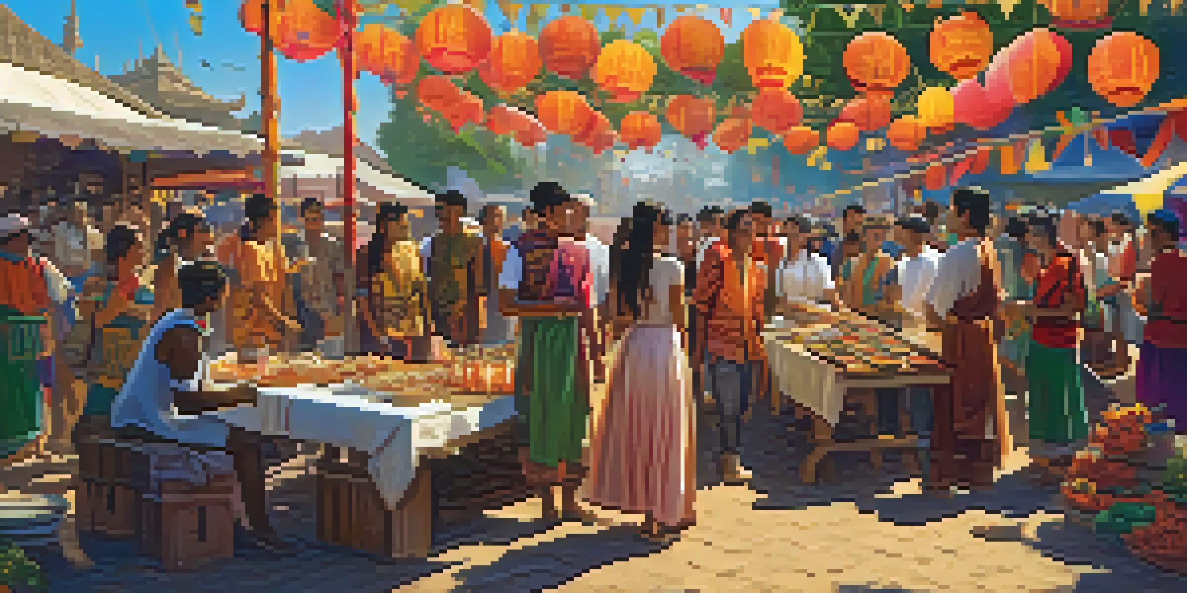 A diverse group of young adults enjoying an outdoor cultural festival with colorful decorations and food stalls.