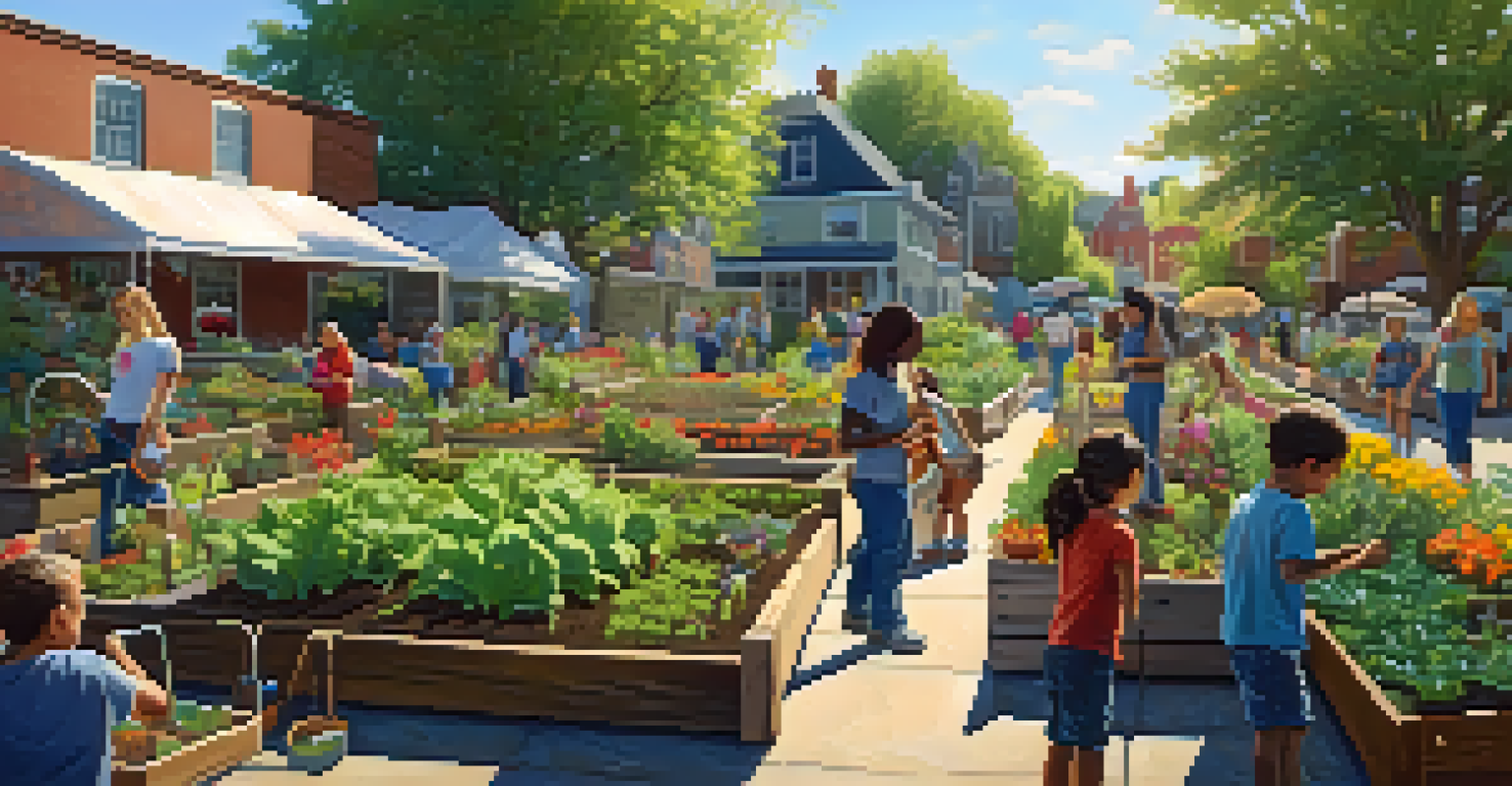 A community garden bustling with people of different ages working together, surrounded by colorful plants and vegetables under the sunlight.