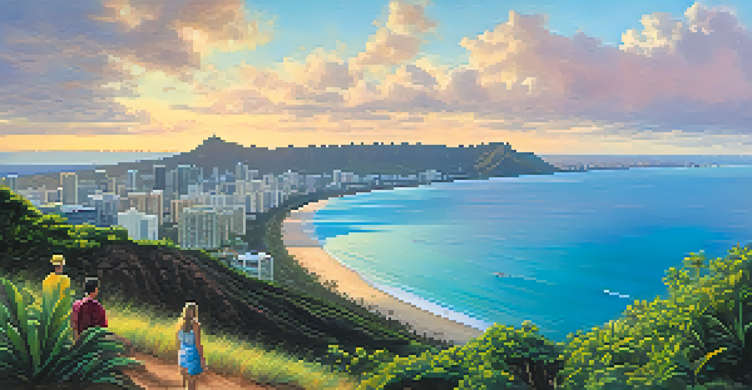 The view from Diamond Head Crater showing Waikiki Beach and the Pacific Ocean with hikers enjoying the sunrise.