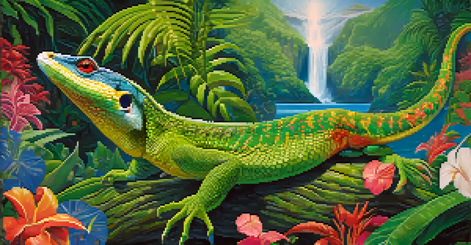 A mythical Hawaiian creature surrounded by tropical foliage and flowers, with mystical symbols in the air, representing Hawaiian mythology.