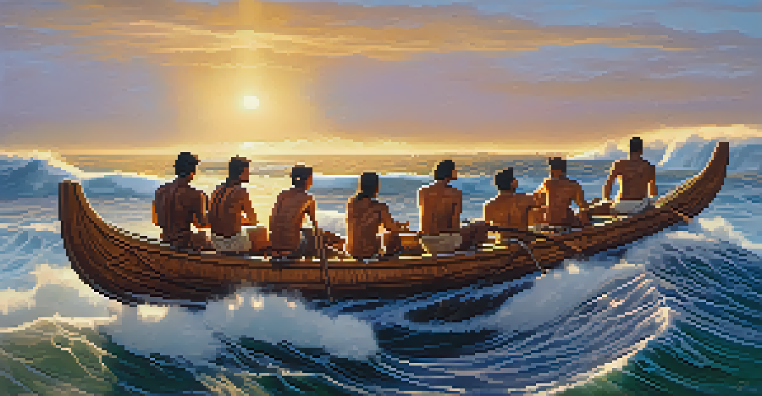 Modern Hawaiian navigators practicing traditional navigation techniques on a canoe in the Pacific Ocean.