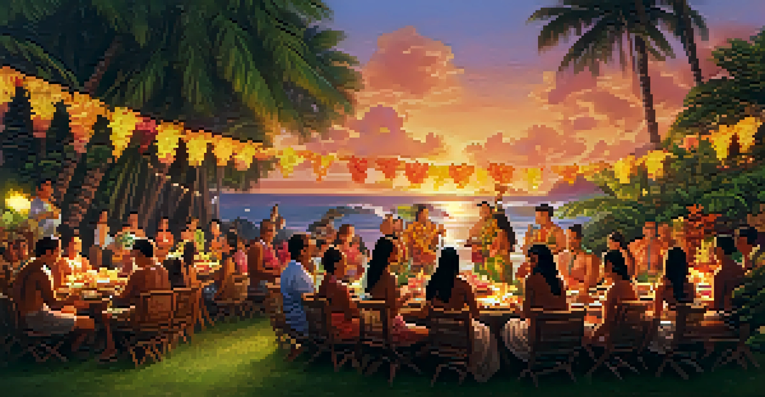 A luau scene with an imu pit, guests enjoying traditional Hawaiian food, tiki torches, and sunset.