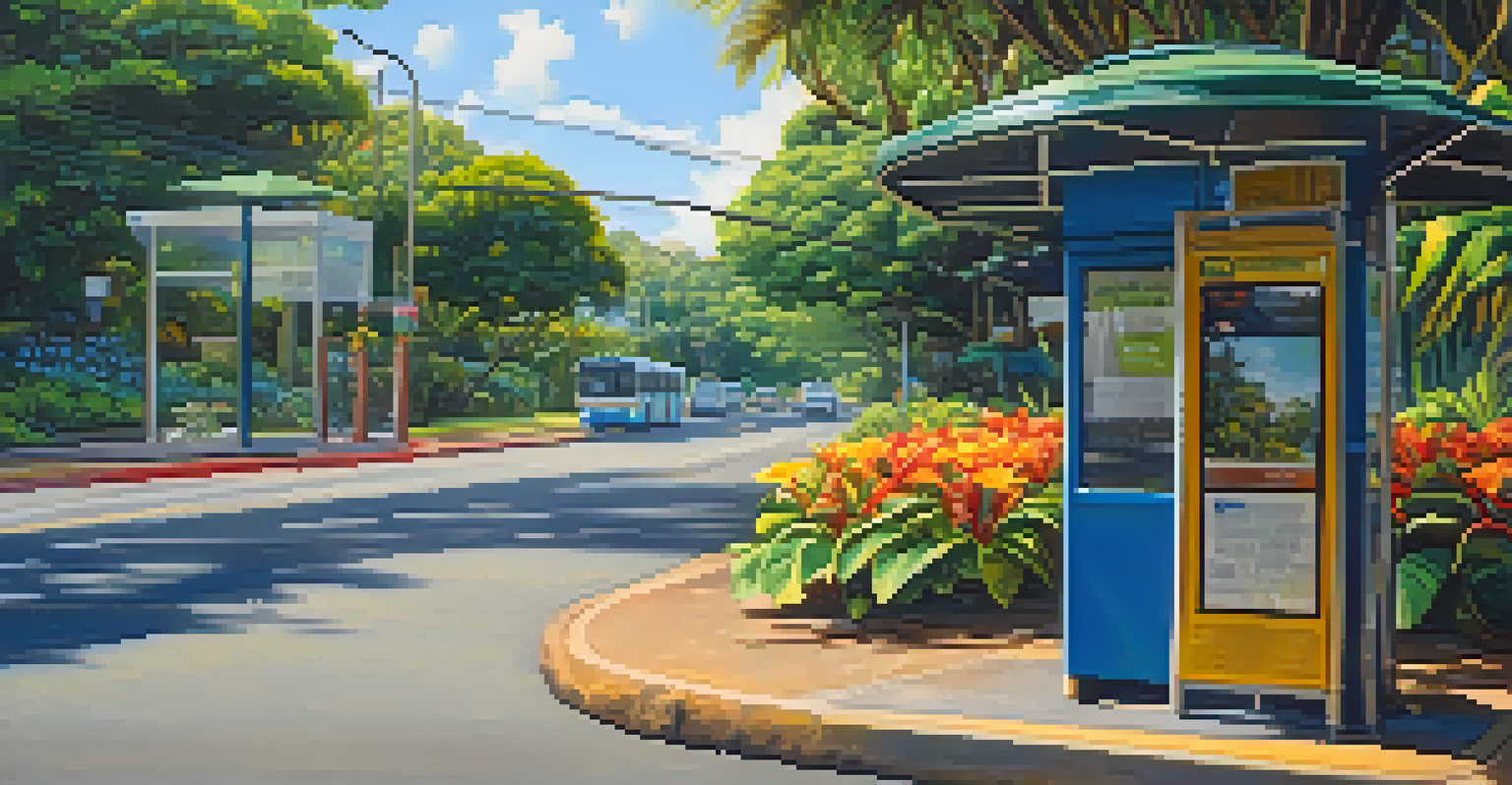 A quiet bus stop in Honolulu surrounded by greenery and flowers, with sunlight filtering through the leaves.