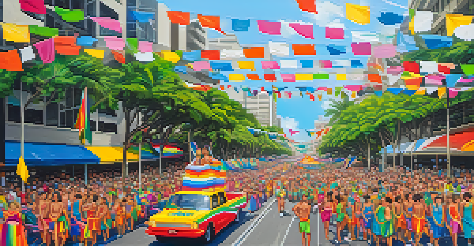 Overhead view of the Honolulu Pride Parade, showcasing colorful floats and joyful participants winding through the streets, surrounded by greenery.