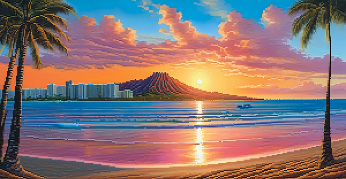 A stunning sunset view of Waikiki Beach with Diamond Head in the background and palm trees swaying.