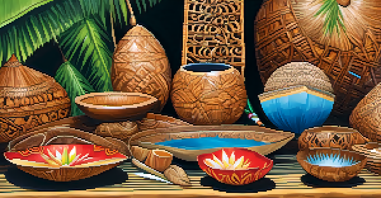 Handcrafted coconut-themed crafts displayed at the Coconut Festival, featuring jewelry and bowls made from coconut shells.