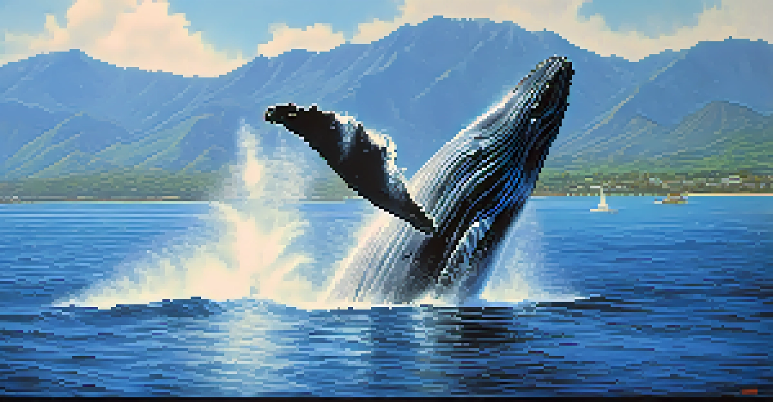 A humpback whale breaching in the ocean off the coast of Honolulu, with a small boat and tourists watching in the foreground against a lush coastline.
