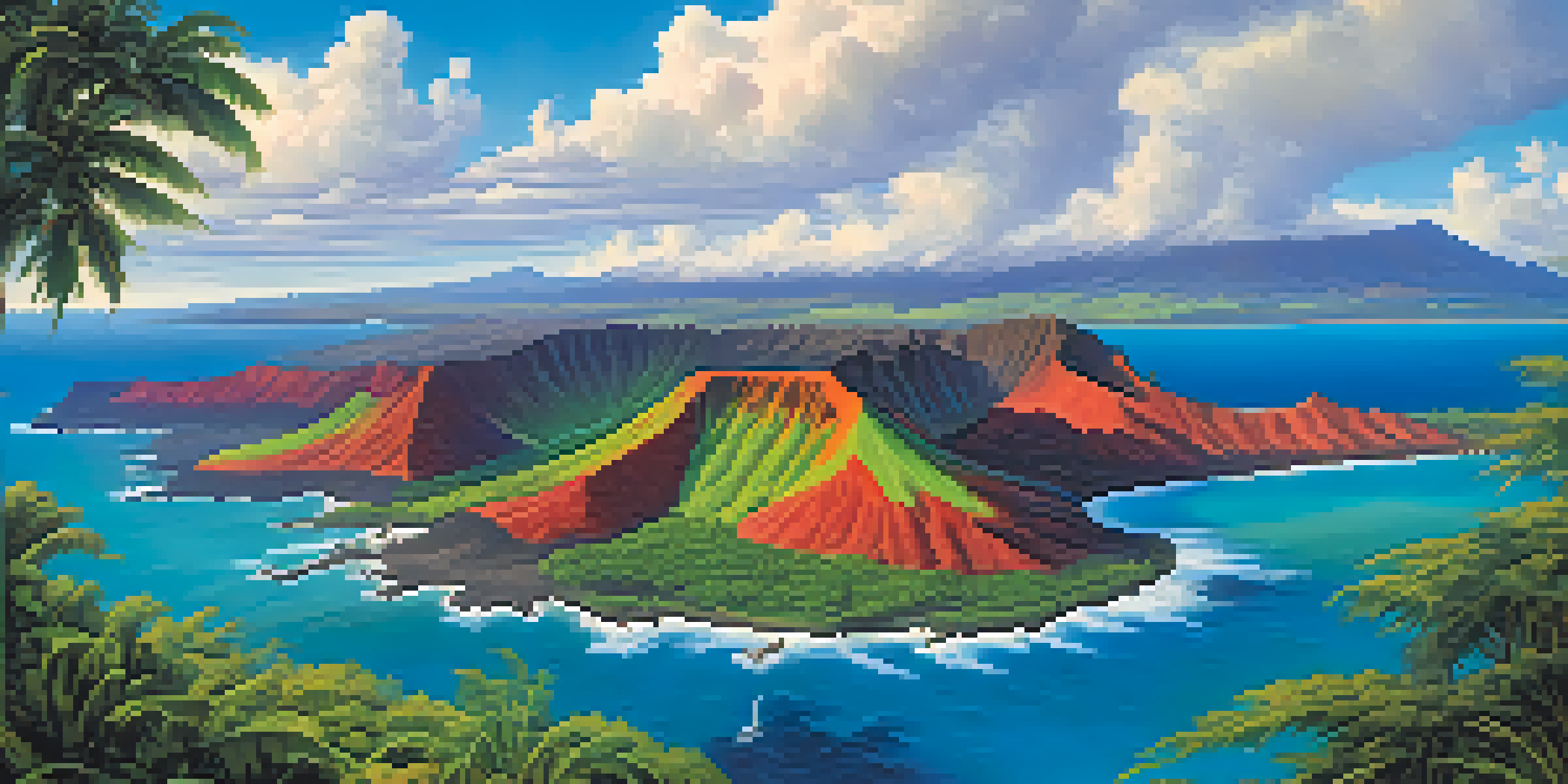 Aerial view of the Hawaiian Islands featuring volcanic landscapes, lush greenery, and blue ocean waters.