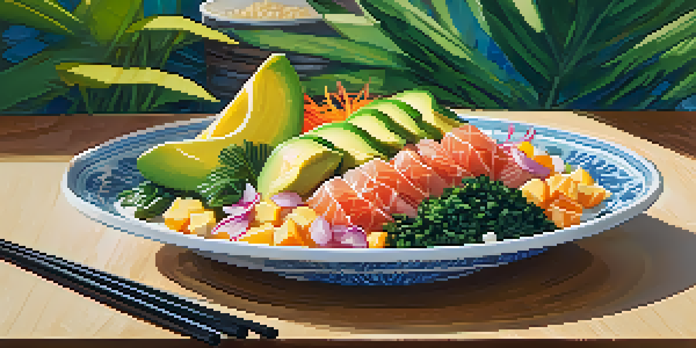 A colorful poke bowl with fresh fish, avocado, and seaweed, set against a backdrop of tropical foliage.