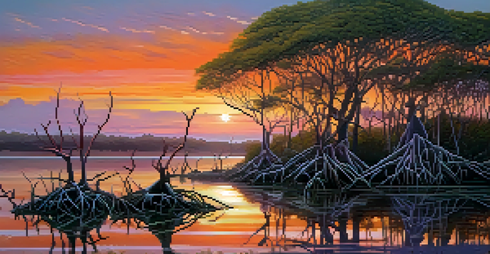 A tranquil coastal scene featuring a lush mangrove forest during sunset, with colorful skies and fish swimming among the roots.