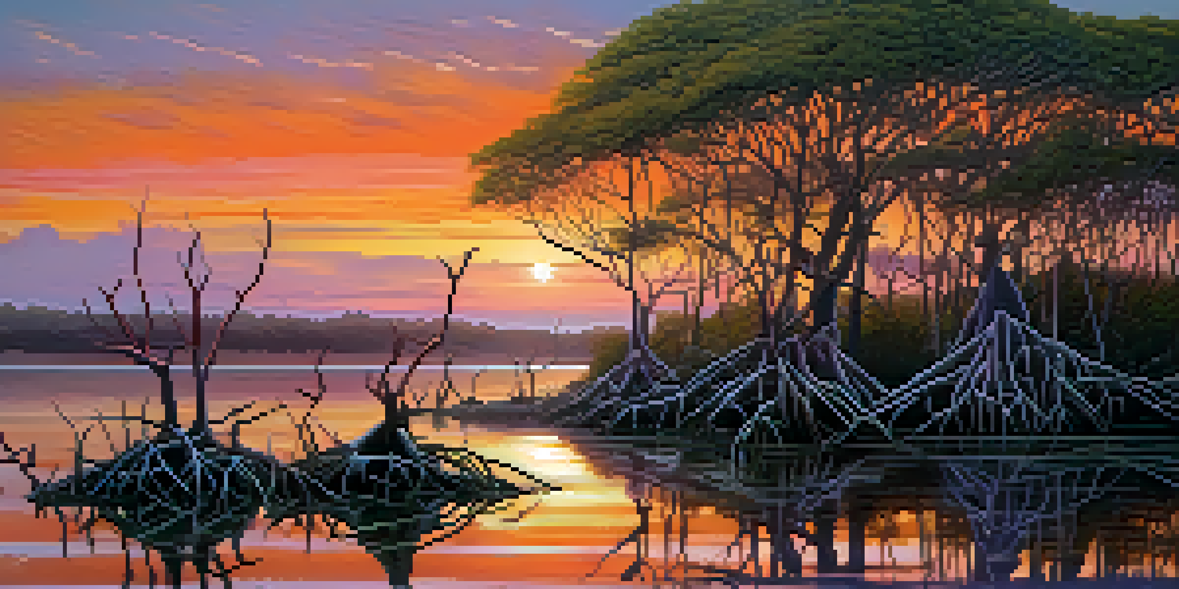 A tranquil coastal scene featuring a lush mangrove forest during sunset, with colorful skies and fish swimming among the roots.