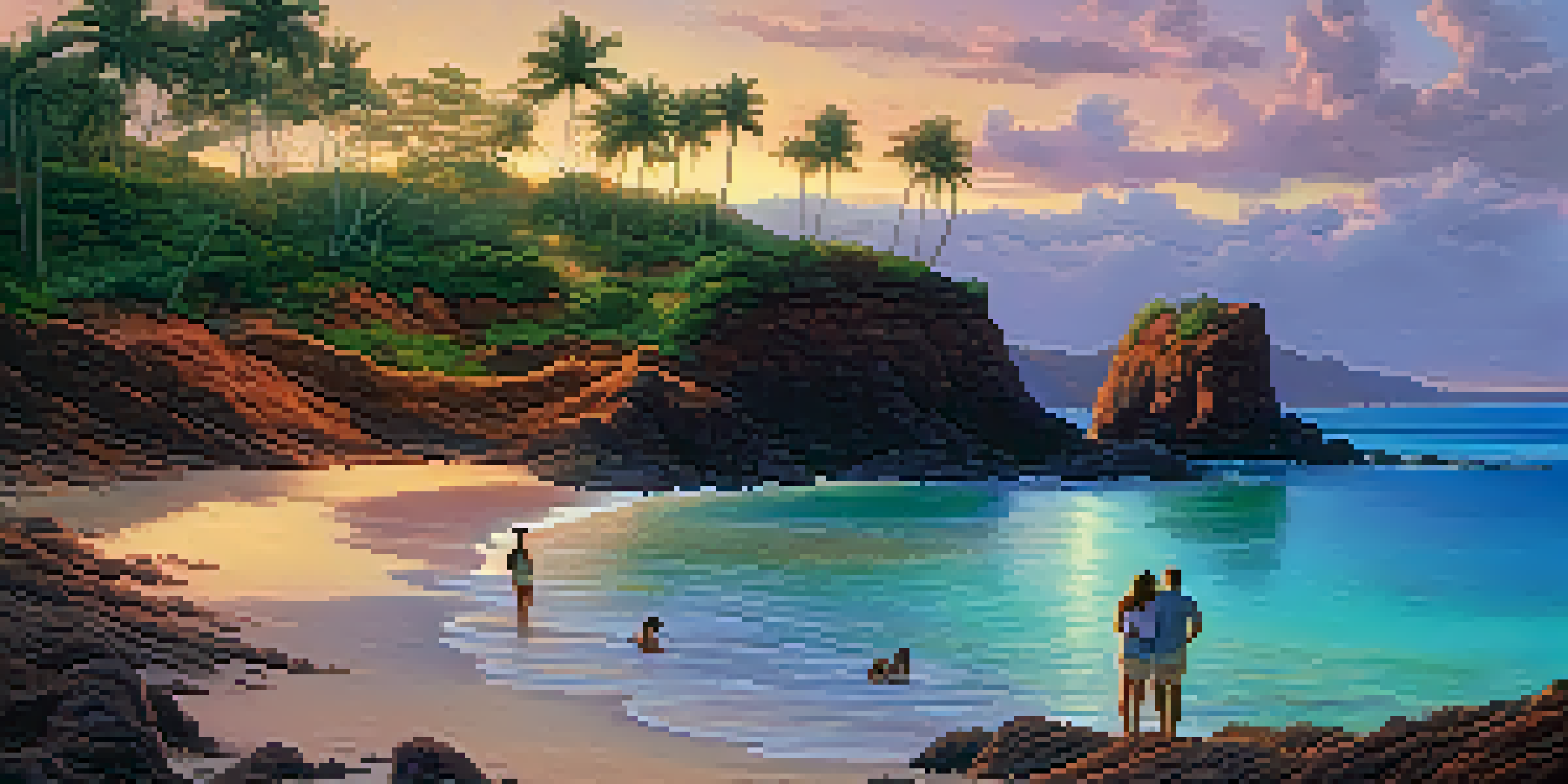 A beautiful sunset view of Hulopoe Bay with families enjoying the beach and vibrant colors in the sky.