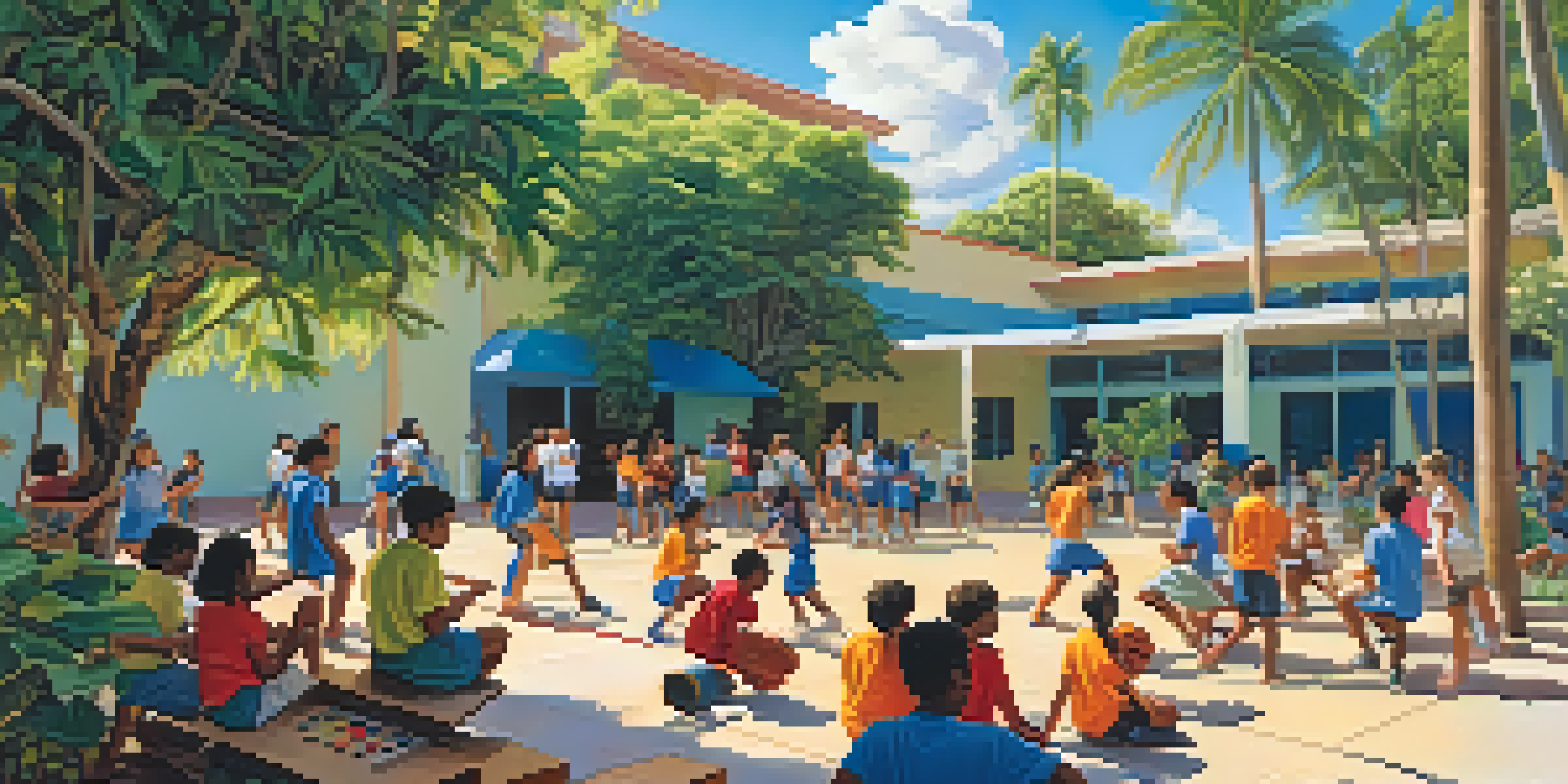 A lively school courtyard in Honolulu with students participating in sports, painting, and music, surrounded by tropical plants and colorful buildings.
