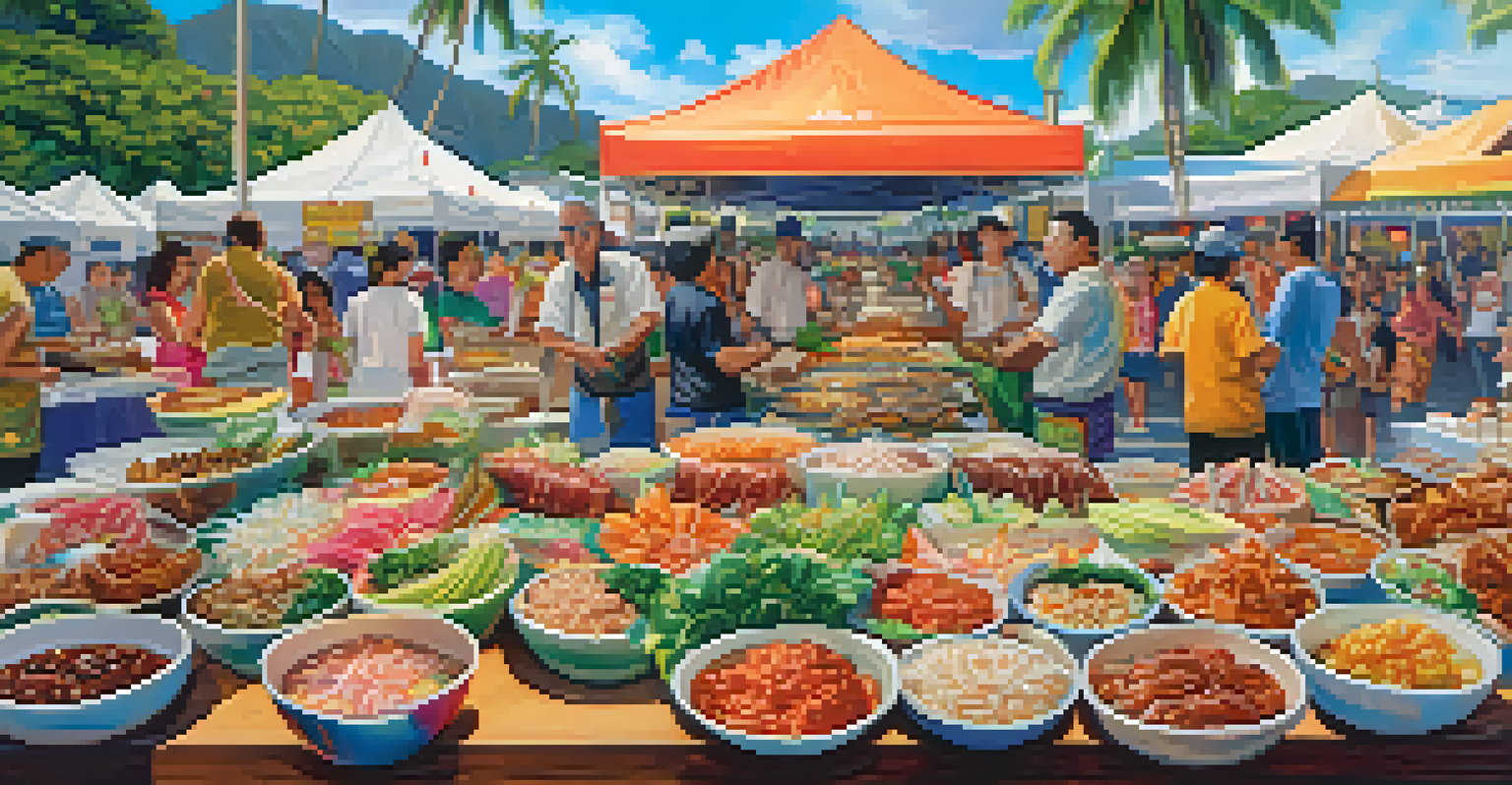 A selection of traditional Hawaiian dishes displayed at a festival food stall, showcasing the vibrant colors and textures of local culinary delights.
