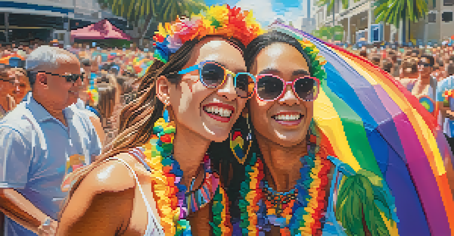 Close-up of two friends embracing at the Honolulu Pride Parade, surrounded by a colorful and joyful atmosphere, showcasing love and acceptance.